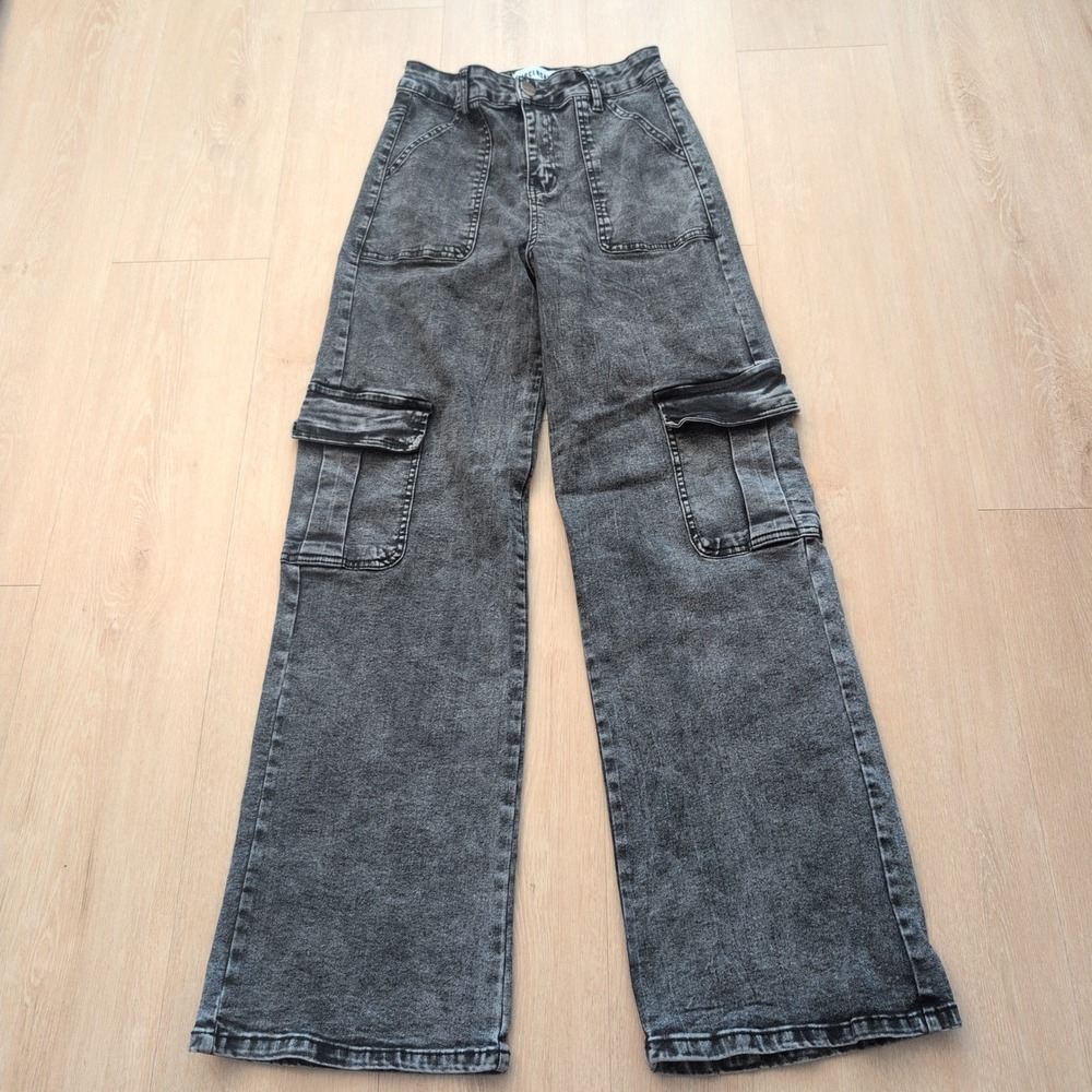 Disclosure Womens Gray Acid Wash High Rise Wide Leg Cargo Jeans Size 7/28